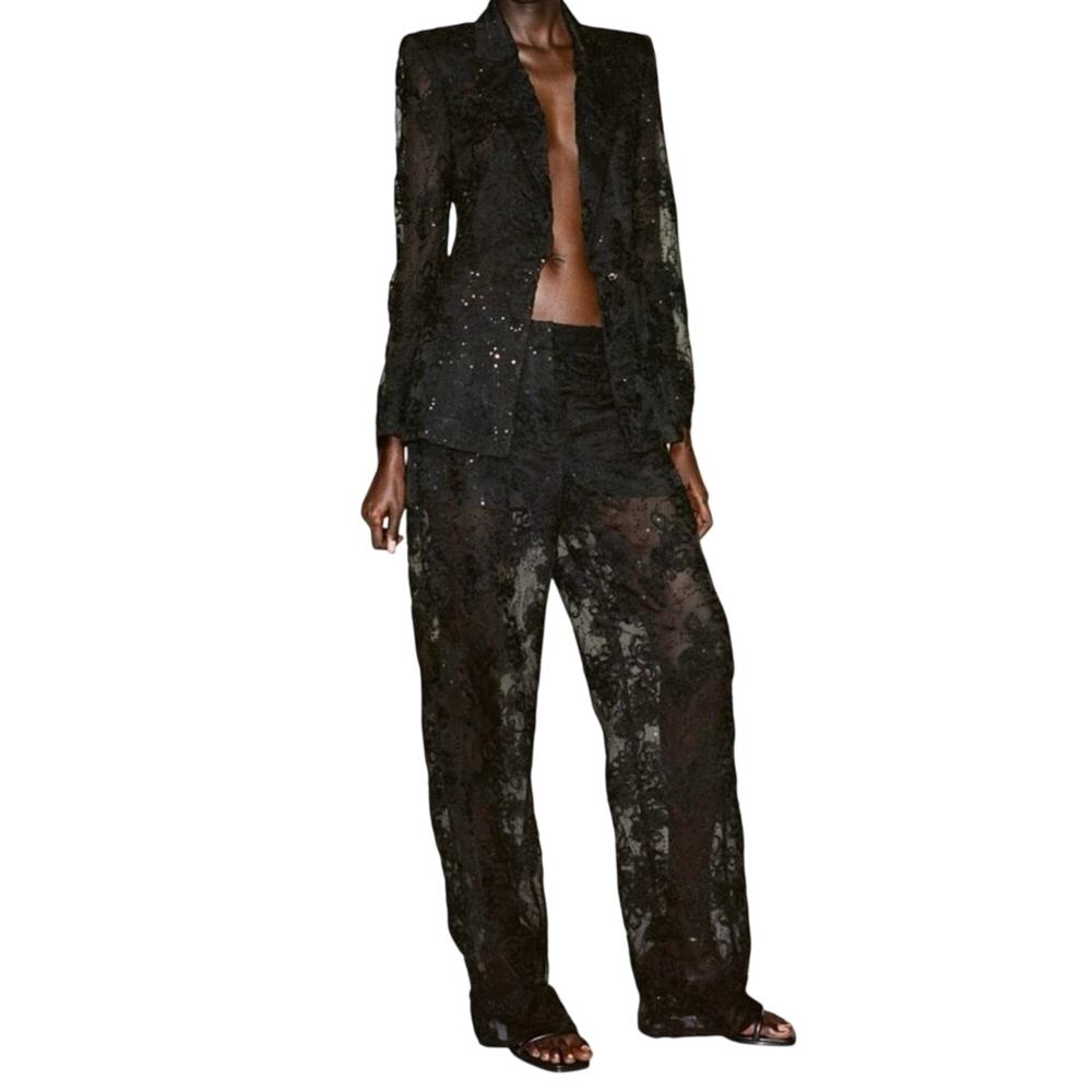 Zara Womens 8507/752 Black Structured Sequins Semi-Sheer Blazer Large 12 14 EUC
